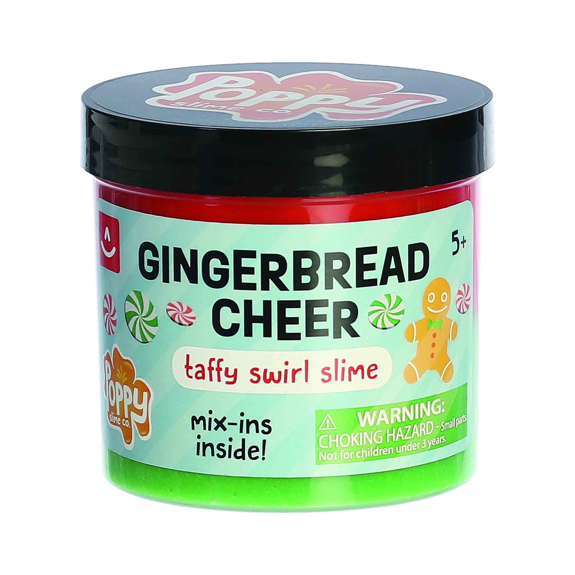 Poppy Slime Co.'s Gingerbread Cheer Slime, red and green taffy swirl with holiday mix-ins, perfect for sensory play.