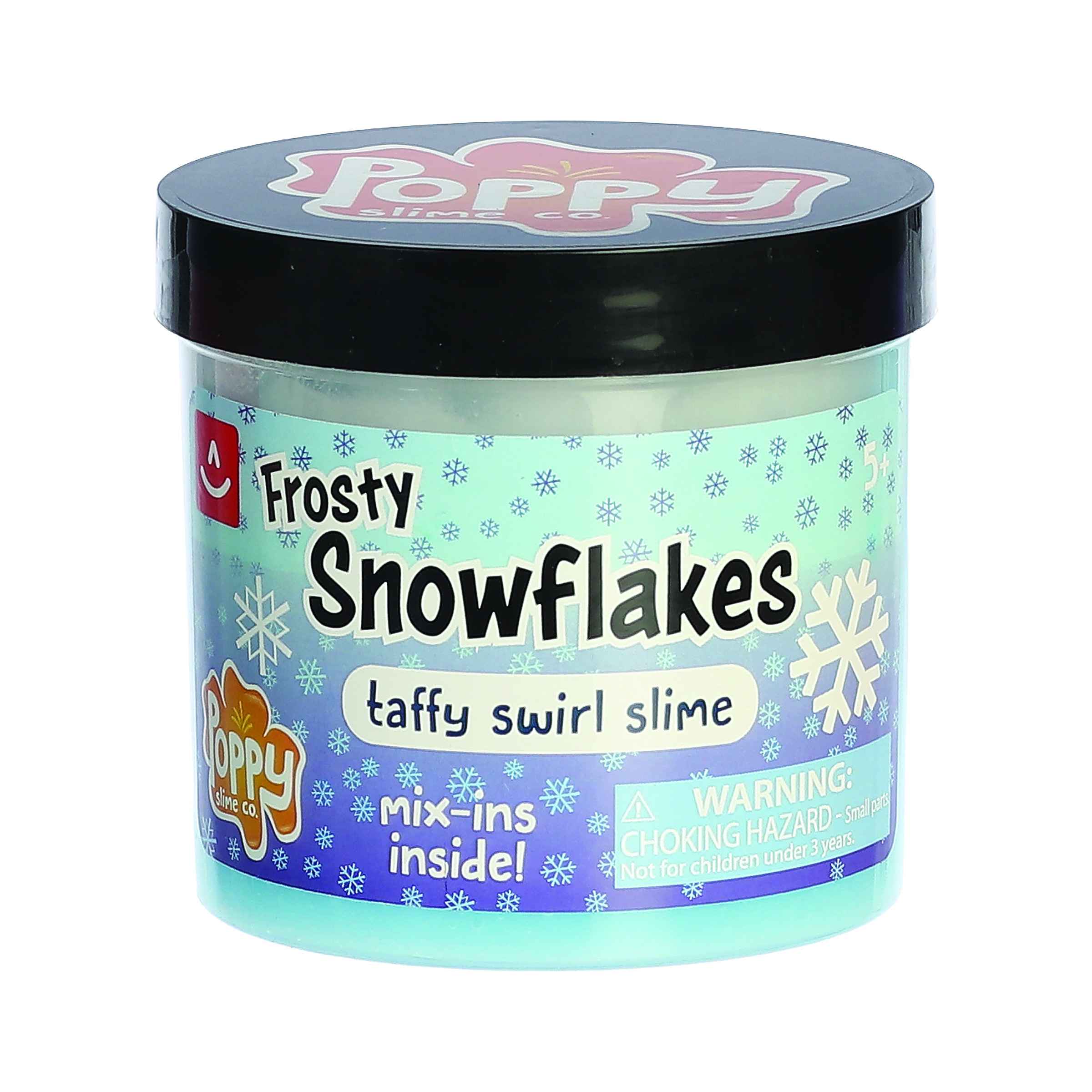 Poppy Slime Co.'s Frosty Snowflakes Slime, blue with snowflake accents, extra slimey!