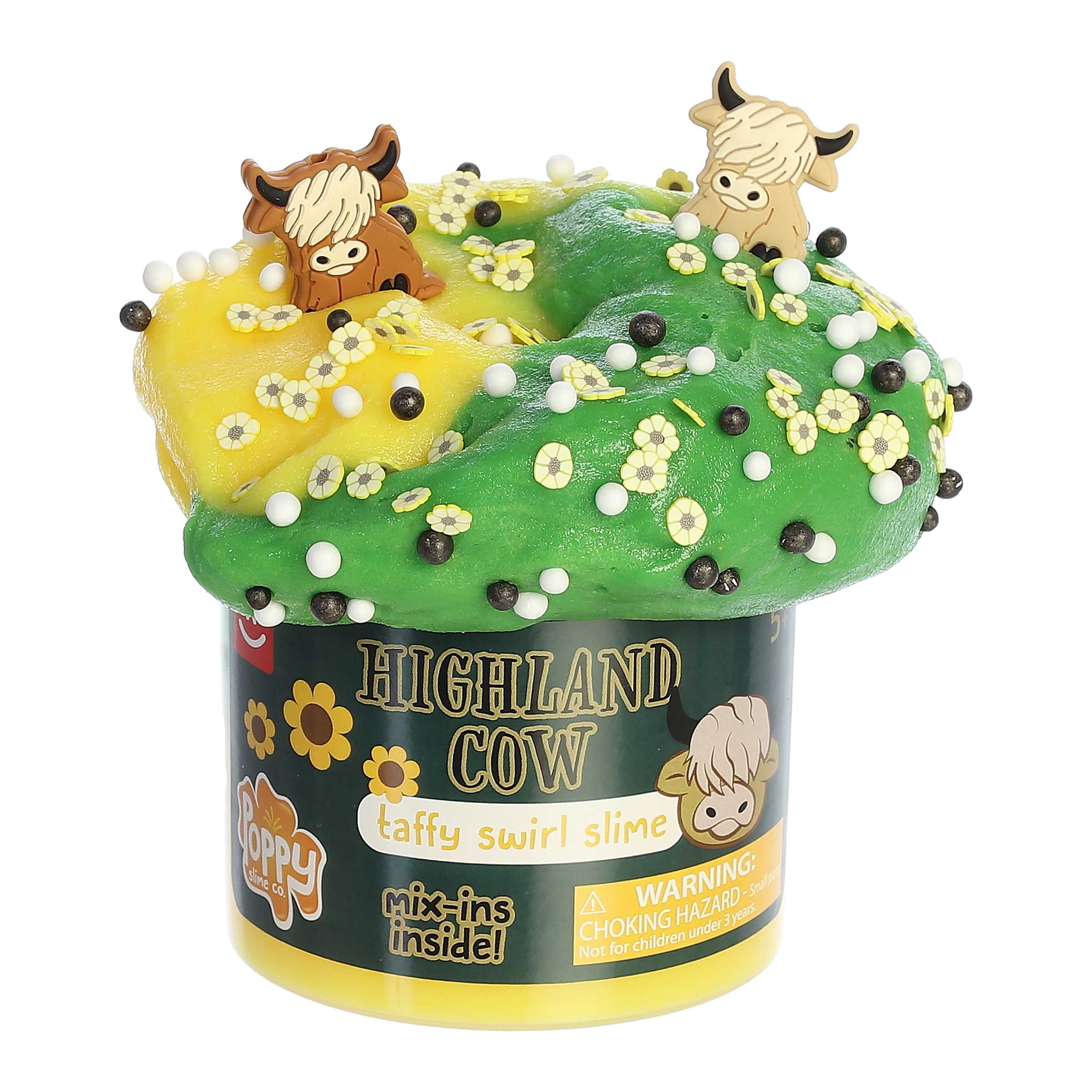 Highland Cow Slime by Aurora Toys with green, yellow swirls, cow mix-ins, and floral accents