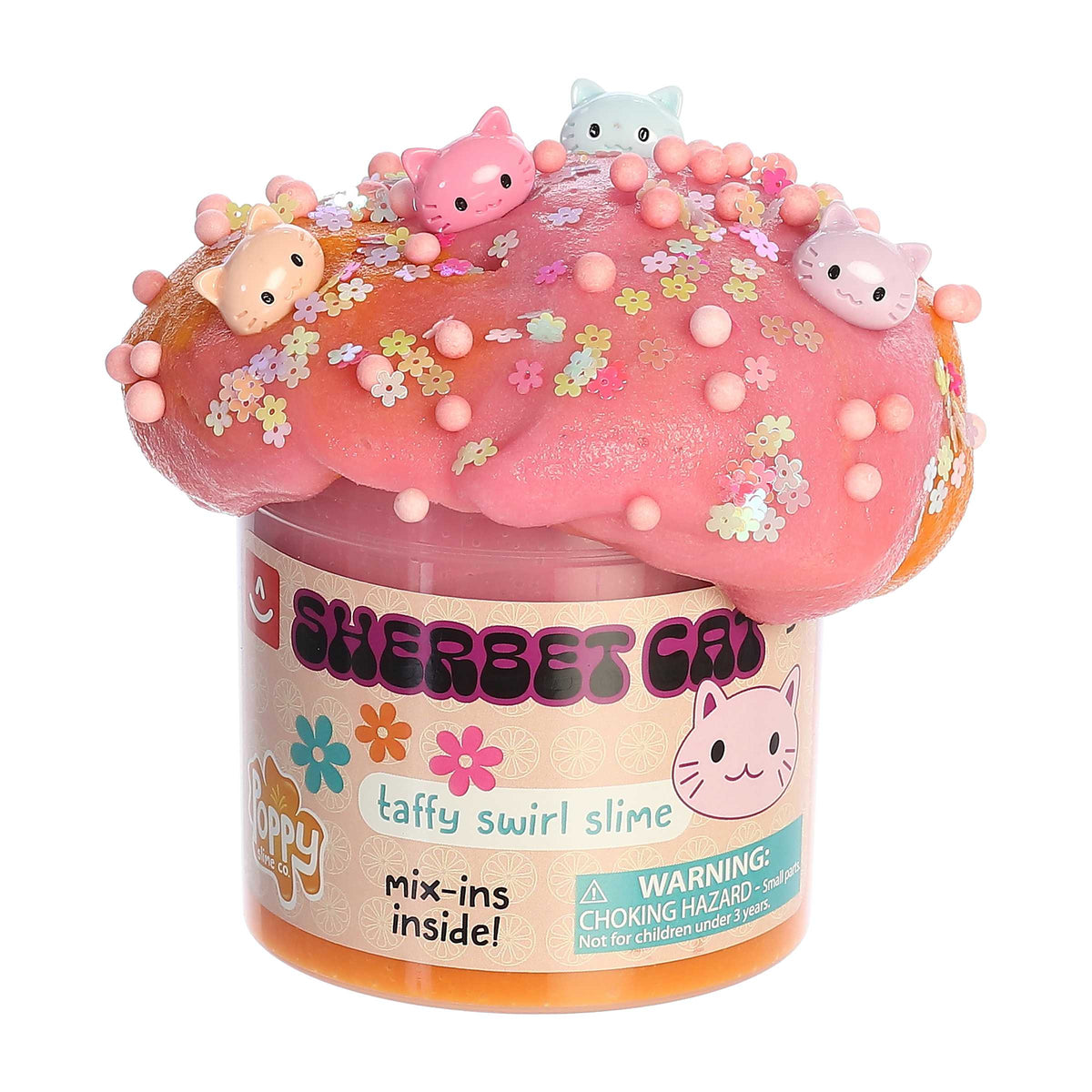 Pink and coral Sherbet Cat Slime by Aurora Toys with adorable cat figures and floral decorations.