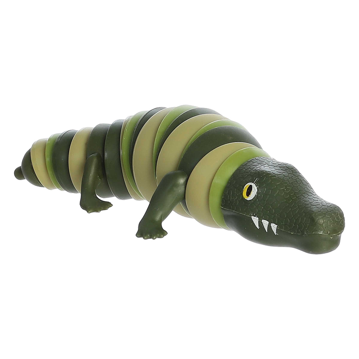 Green and yellow Alligator Fidget by Aurora Toys, designed for bending and twisting.