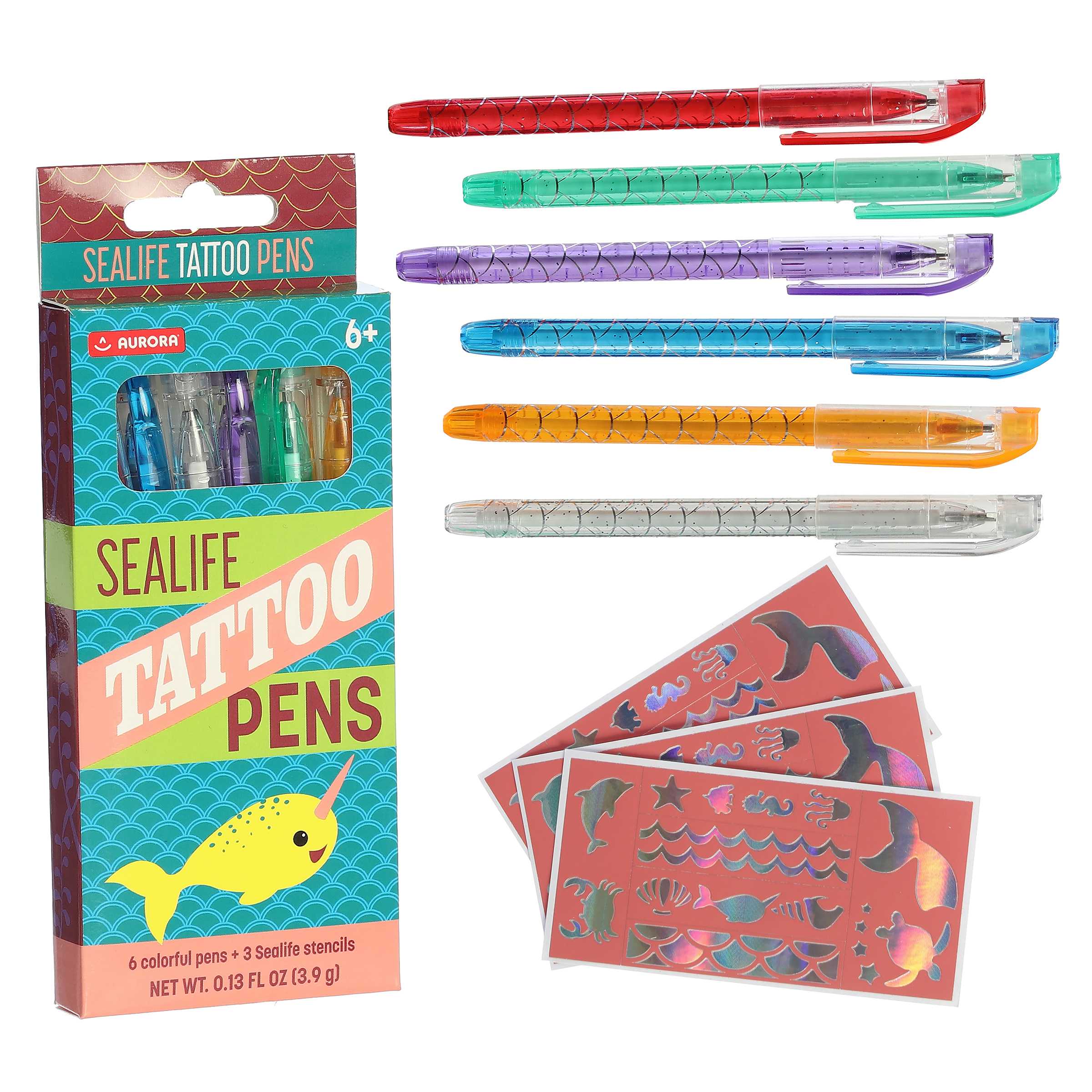 Sealife Tattoo Pens from Aurora Toys, with six colorful pens and three stencils.