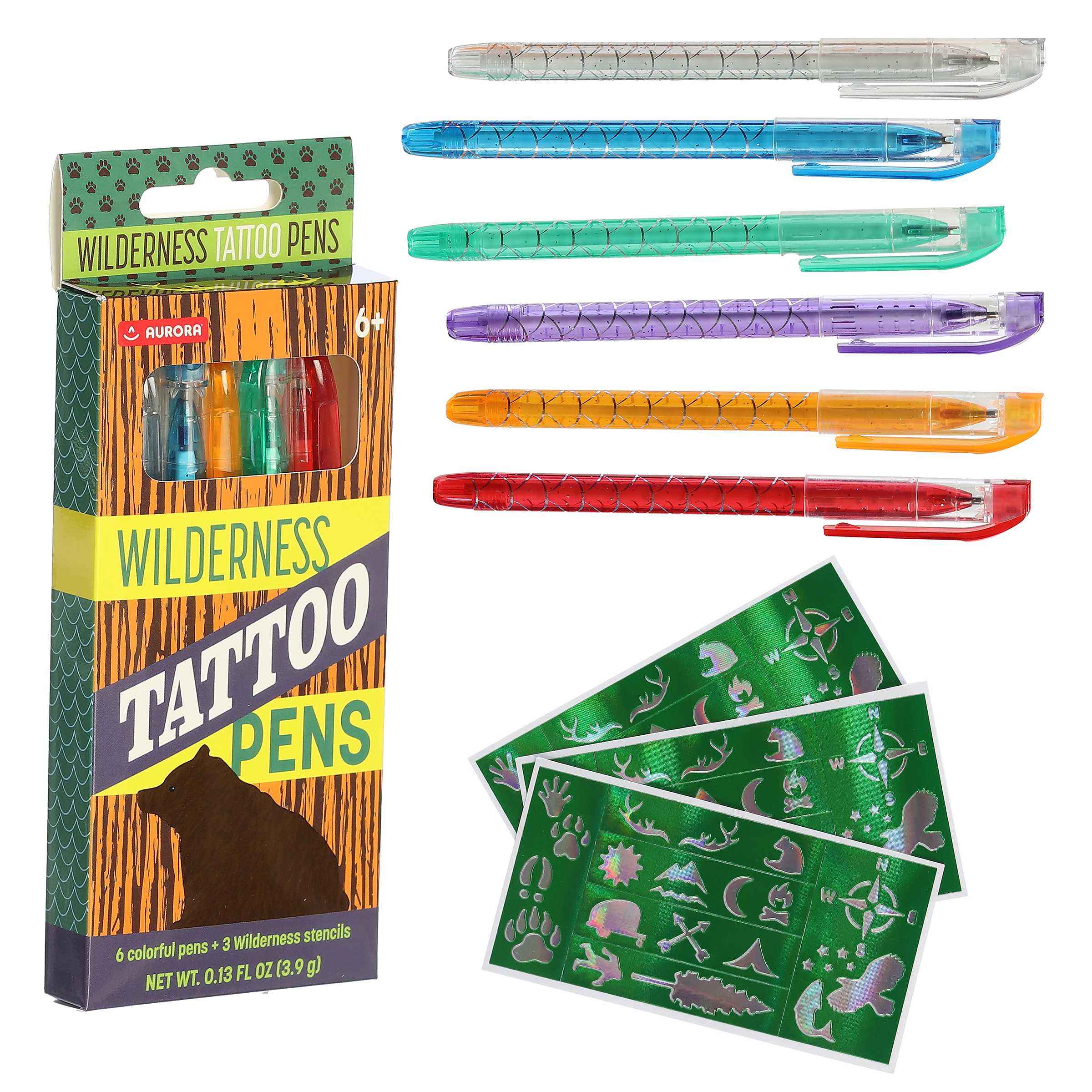 Wilderness Tattoo Pens by Aurora Toys, with six colorful pens and three nature stencils.