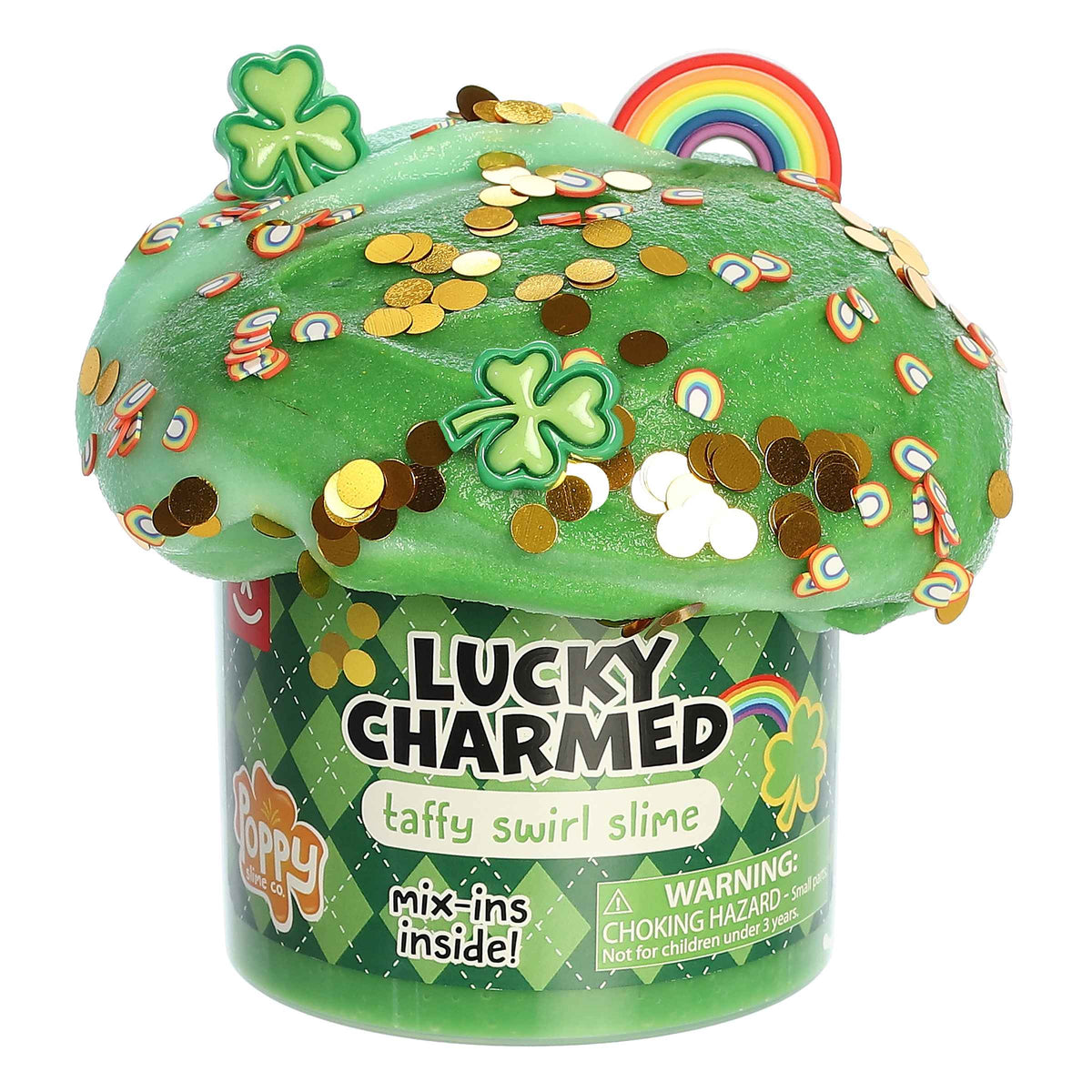 Green Lucky Charmed Slime with shamrocks and miniature gold coins, perfect for St. Patrick's Day fun.