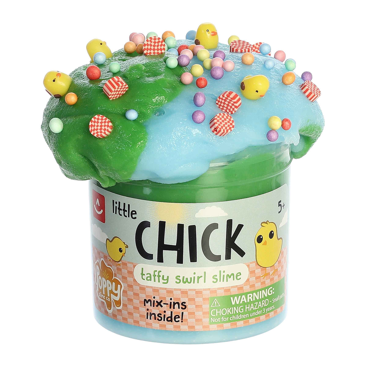 Little Chick Slime by Poppy Slime Co., featuring green and blue slime with mix-ins like chick figurines and colorful beads