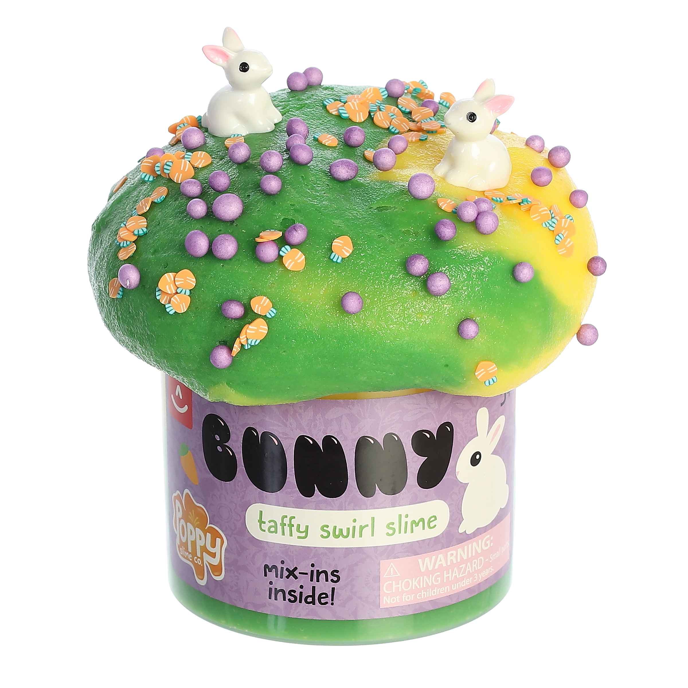 Bunny Slime by Poppy Slime Co., featuring green and yellow slime with mix-ins including bunnies, eggs, and foam balls