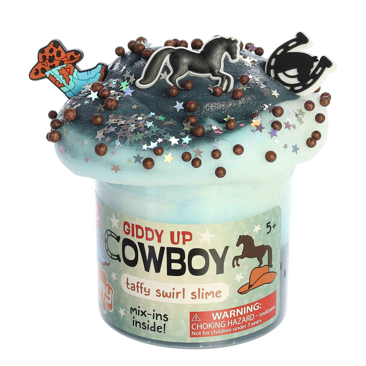 Cowboy-themed Giddy Up Cowboy Slime by Poppy Slime Co., filled with boots, horses, and star confetti for imaginative