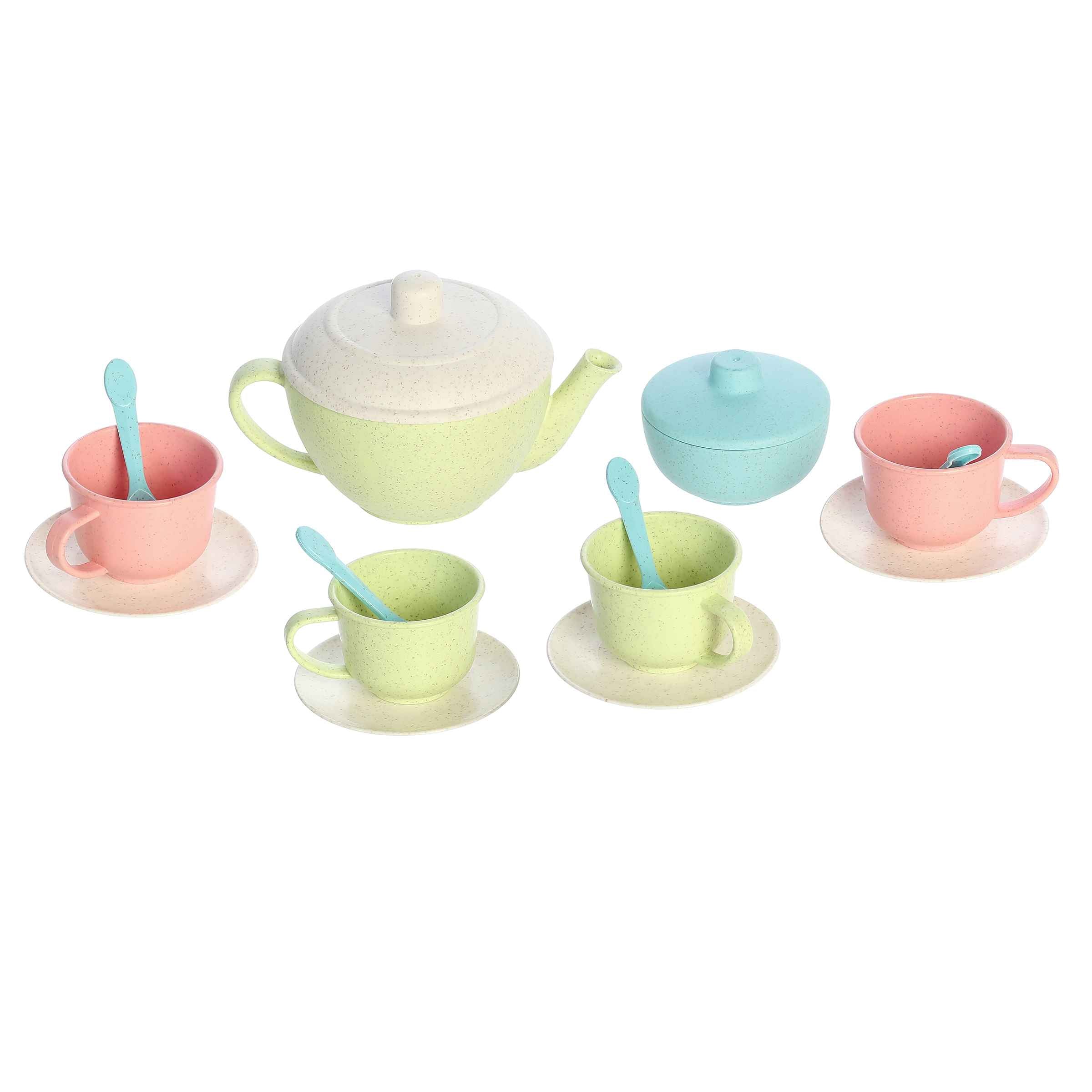 Colorful Wheatley Tea Set, featuring eco-friendly cups, saucers, and teapot in pastel shades