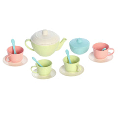 Colorful Wheatley Tea Set, featuring eco-friendly cups, saucers, and teapot in pastel shades