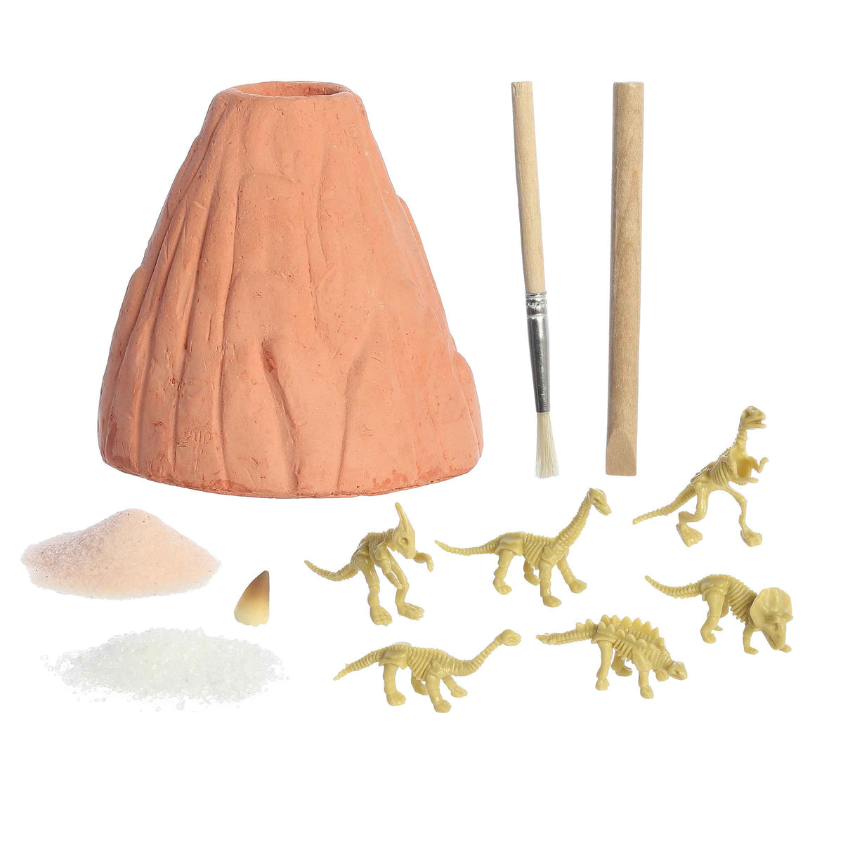 Dino Skeletons Erupt Volcano kit by Epiphany STEM Labs, featuring a model volcano, excavation tools, and dinosaur fossils