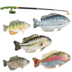 Colorful floating fish and a green fishing pole from Aurora Toys' Fishing Game, designed for fun and skill-building