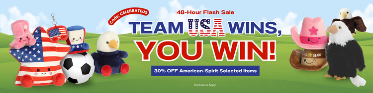 Promotional long banner for 30% Off America Spirits selected plush and toys use with code CELEBRATEUS for 48 hours only.