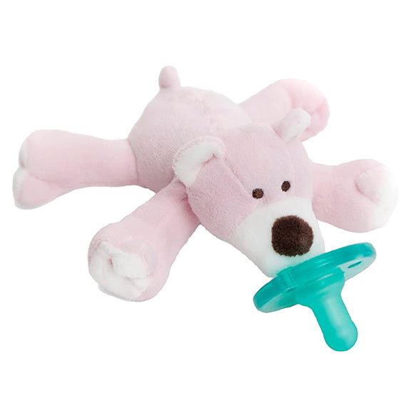 Charming WubbaNub Pink Bear pacifier in pink, perfect for little hands and providing constant comfort.