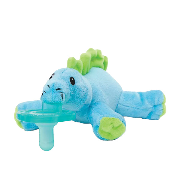 WubbaNub Baby Dino pacifier with legs sized for little hands, fierce yet lovable.