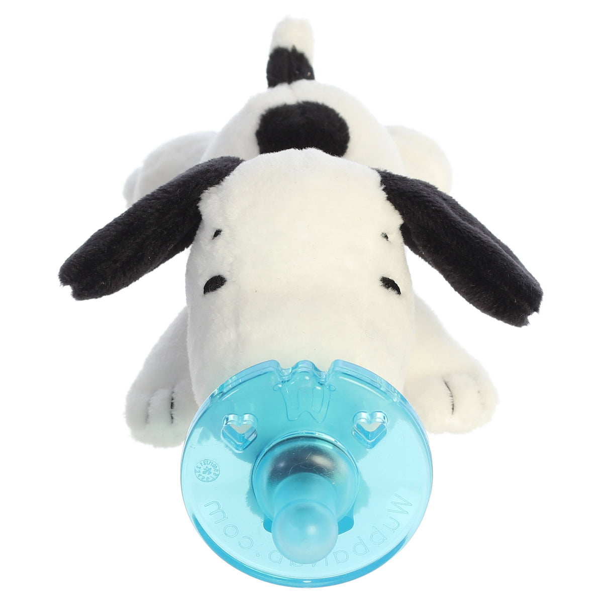 A Snoopy WubbaNub pacifier plush from Aurora with Snoopy attached to a baby pacifier.