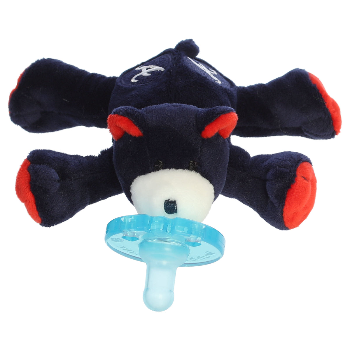 A WubbaNub bear pacifier plush from Aurora with Atlanta Braves team logo details.