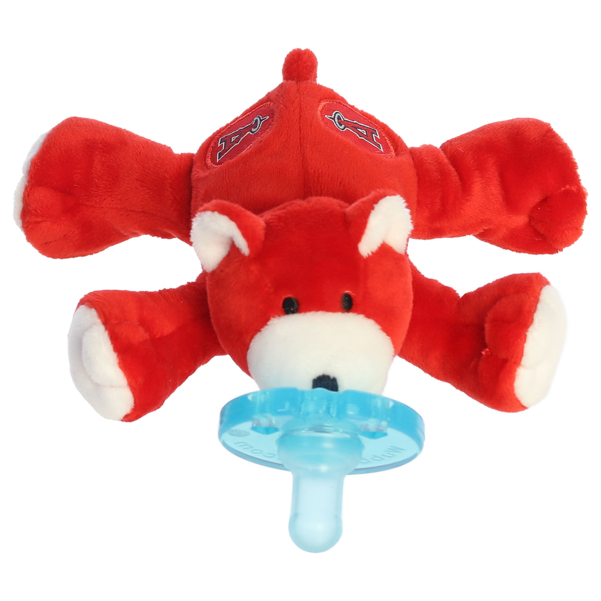 A WubbaNub bear pacifier plush from Aurora with Los Angeles Angels team logo details.