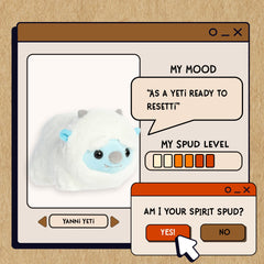 A spudsters product card for the Yanni Yeti plush by Aurora