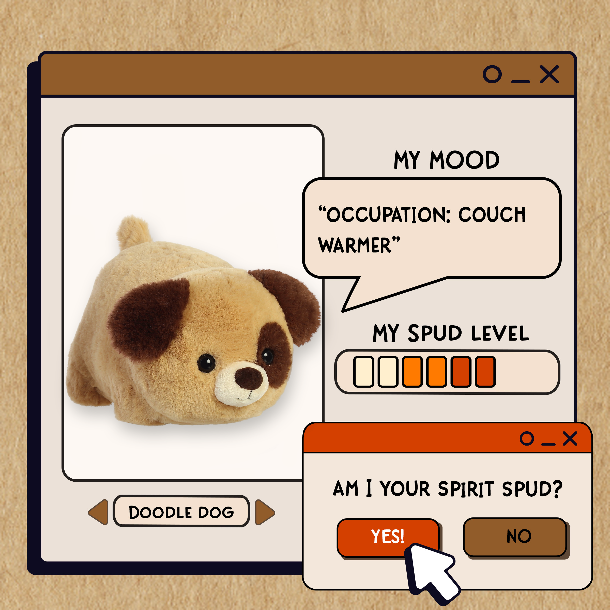 A spudsters product card for the doodle dog plush by Aurora