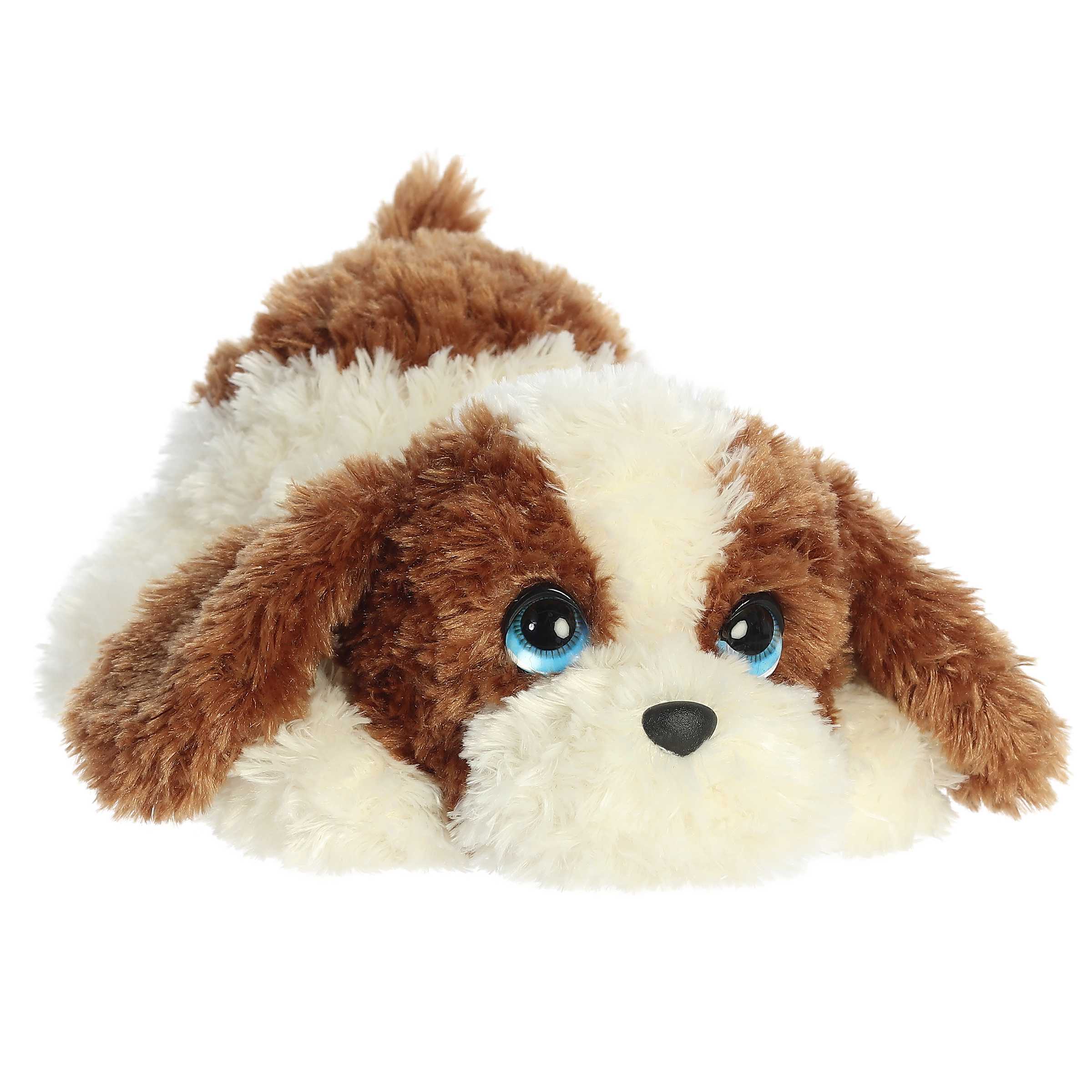 Adorable Jewell Shih Tzu puppy plush with big blue eyes, white & brown fur, poised for playful adventures.