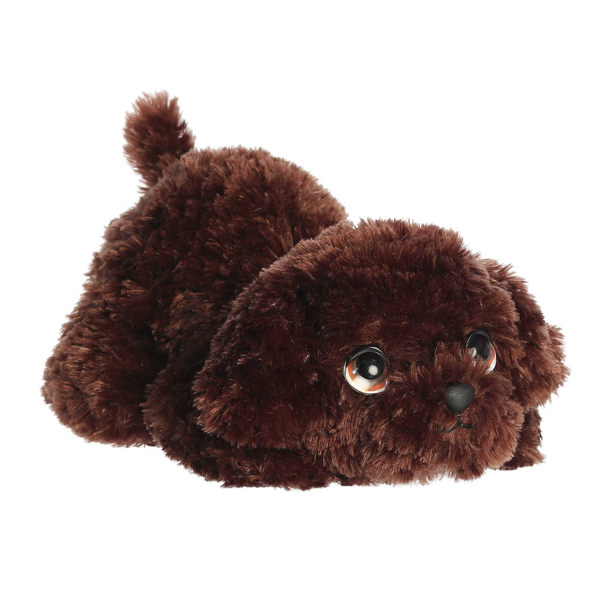 Chocolate Lab plush with head down, tail up, and big, affectionate brown eyes, crafted for lasting play and cuddles.