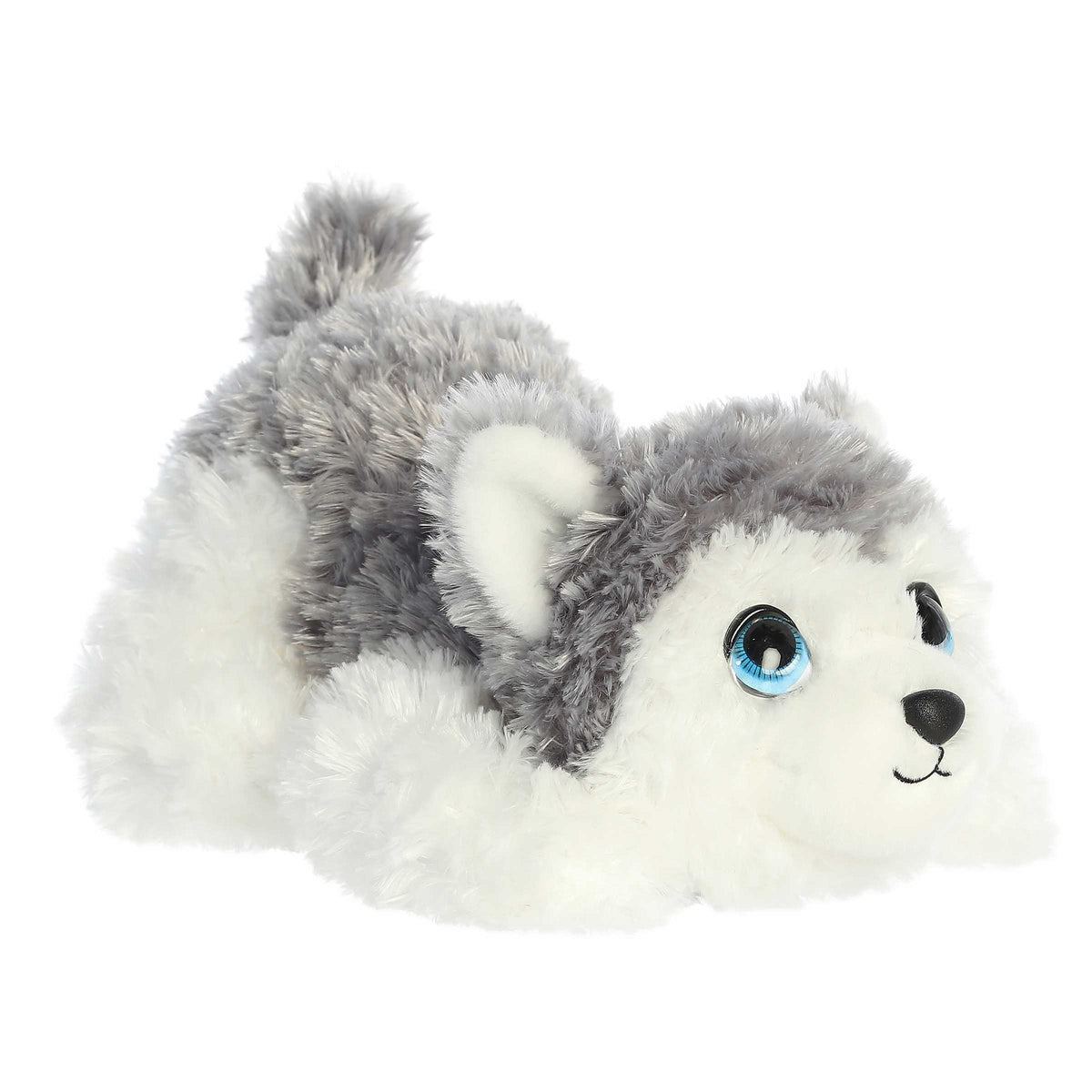 White and grey Hollis Husky plush with inviting blue eyes, ready for play in a charming head down, tail up pose."