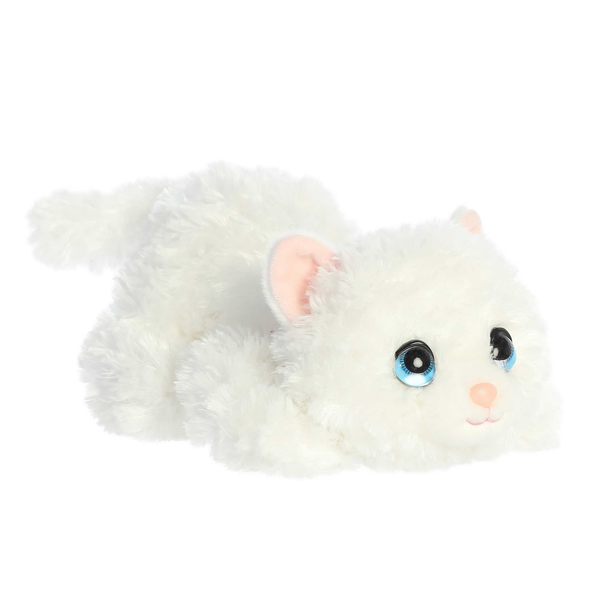 Soft white stuffed Angora kitten plush with affectionate blue eyes in a playful, ready-to-pounce position.