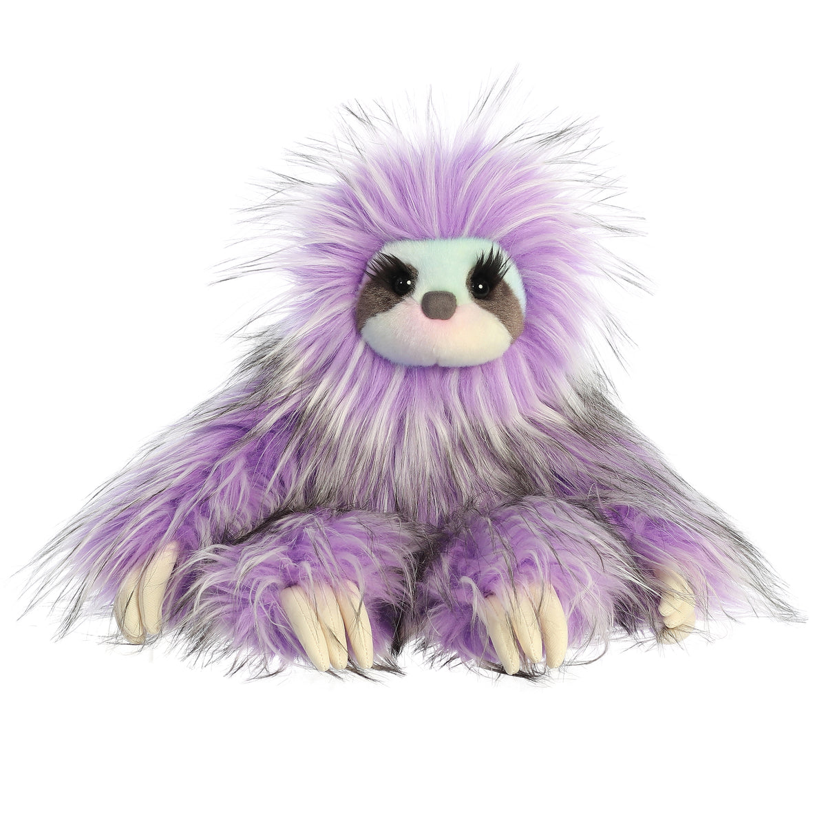 A luxurious, long-haired purple sloth stuffed animal that has soft undertones and lusciously long eyelashes.