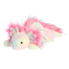 A beautifully crafted rainbow axolotl stuffed animal plush with a multicolored body and soft pink fur.