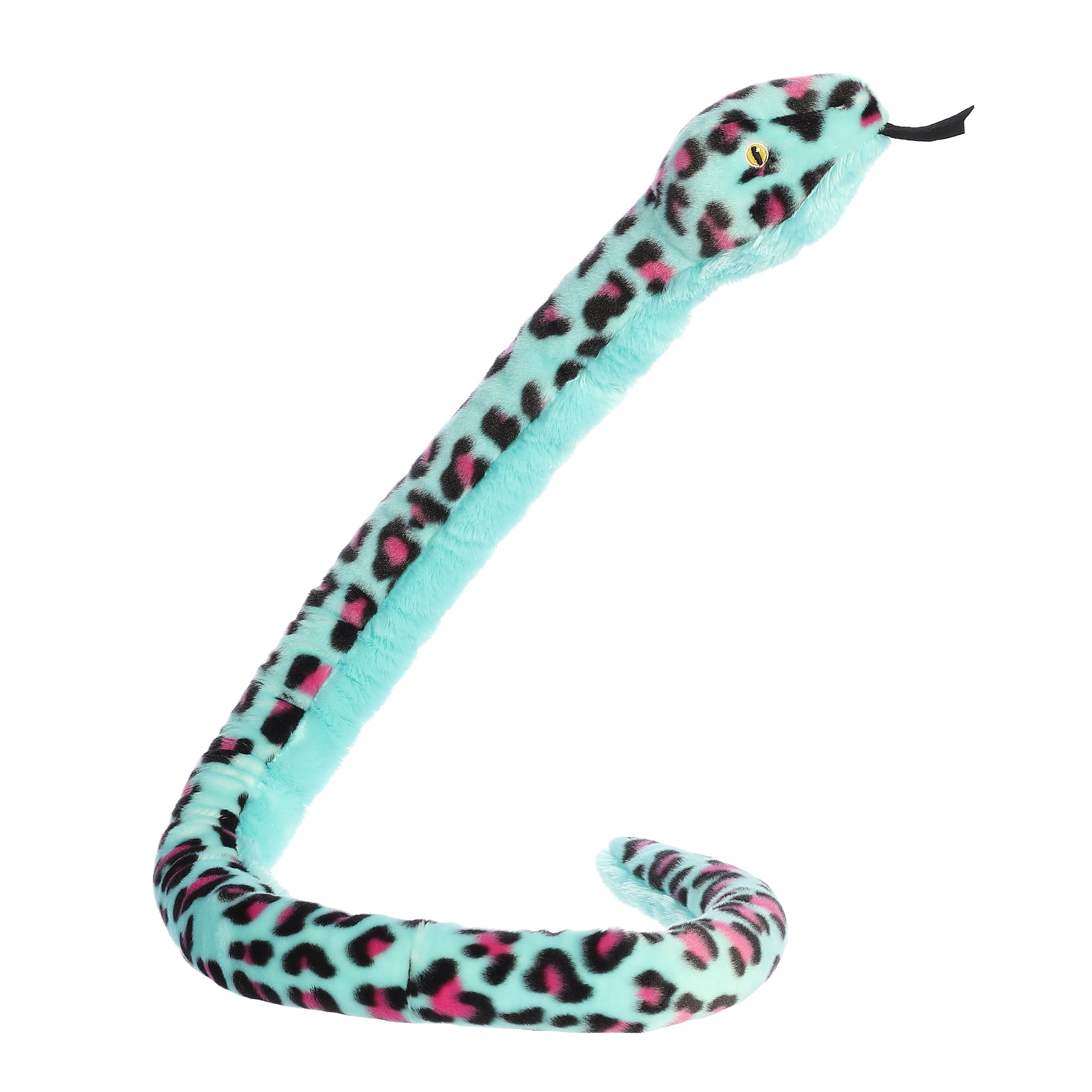 A long colorful snake stuffed animal plush that has a light blue body with black and purple spots
