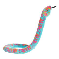 A long colorful tie-die patterned snake stuffed animal plush that has a light blue body with orange and pink spots.