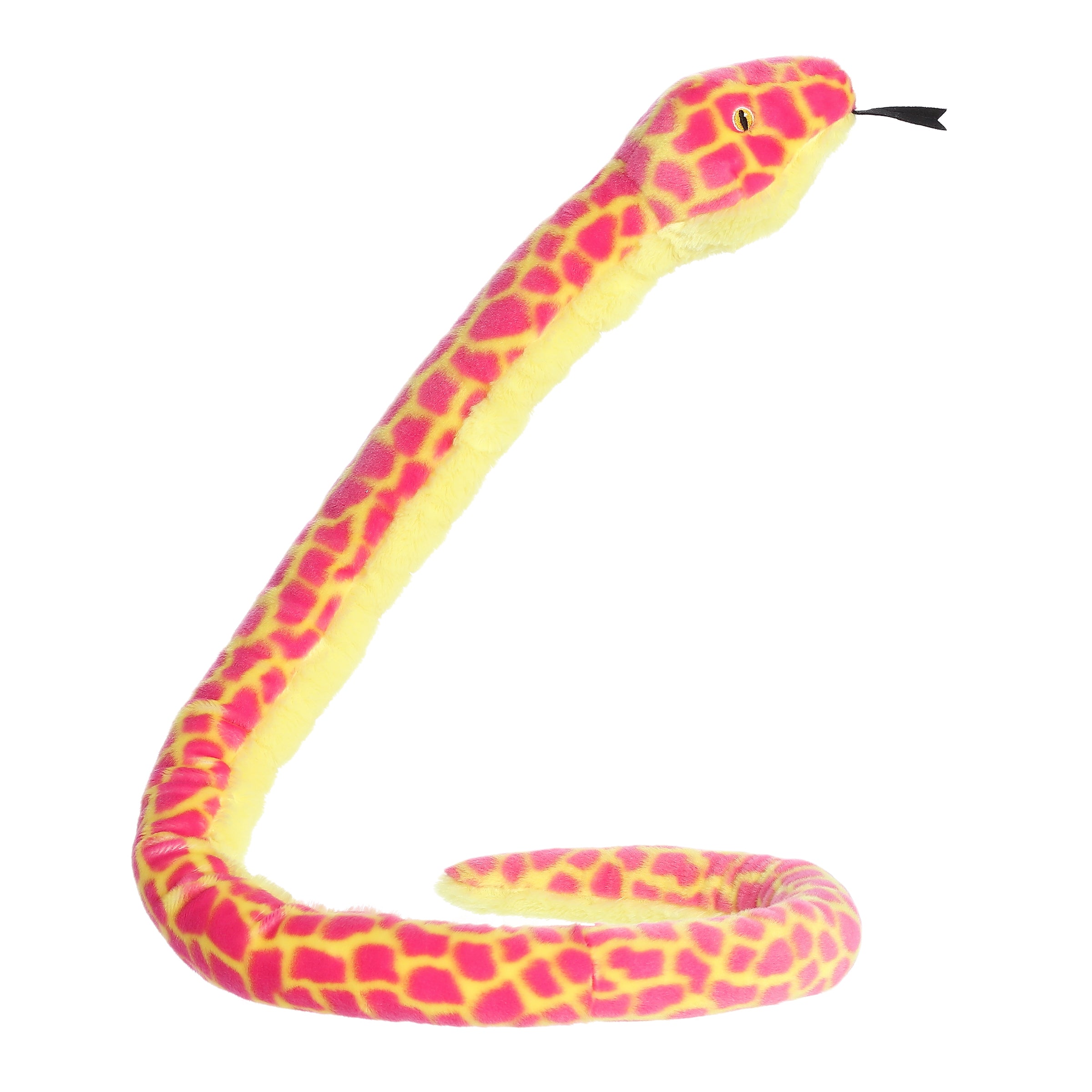 A long colorfully patterned snake stuffed animal plush that has a light yellow body with pink-colored scales along its back.