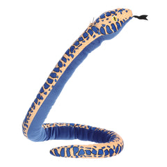 A long blue snake stuffed animal plush that has light orange scales running along its body.