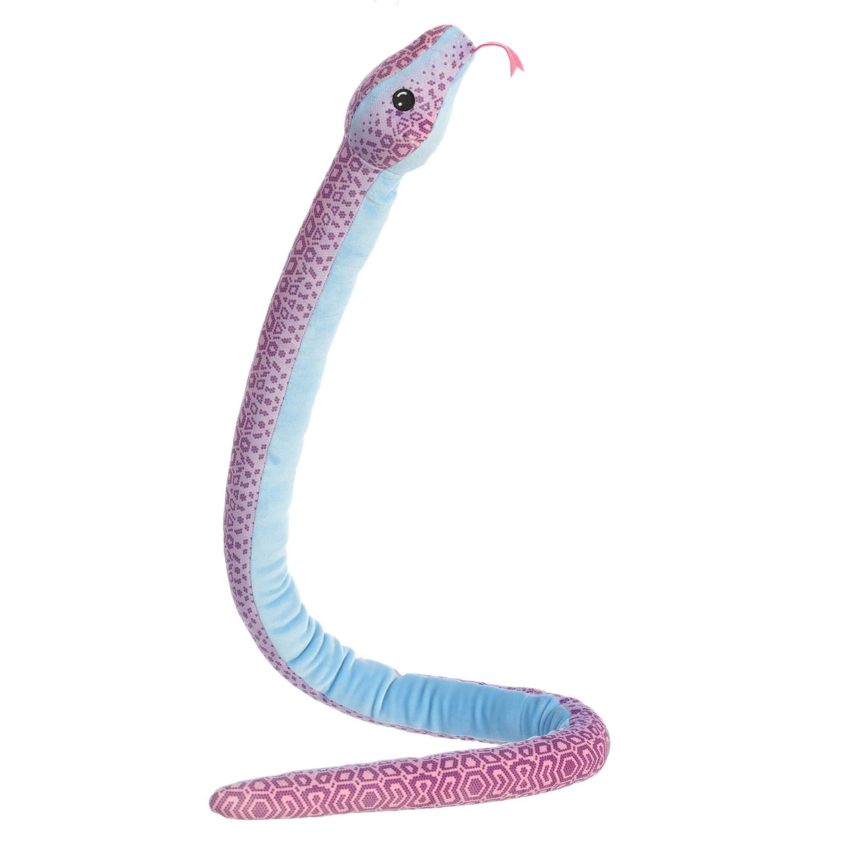 Colorful pastel tie-dye snake plush with a squishy feel, featuring a blue underside and vibrant purple scales.