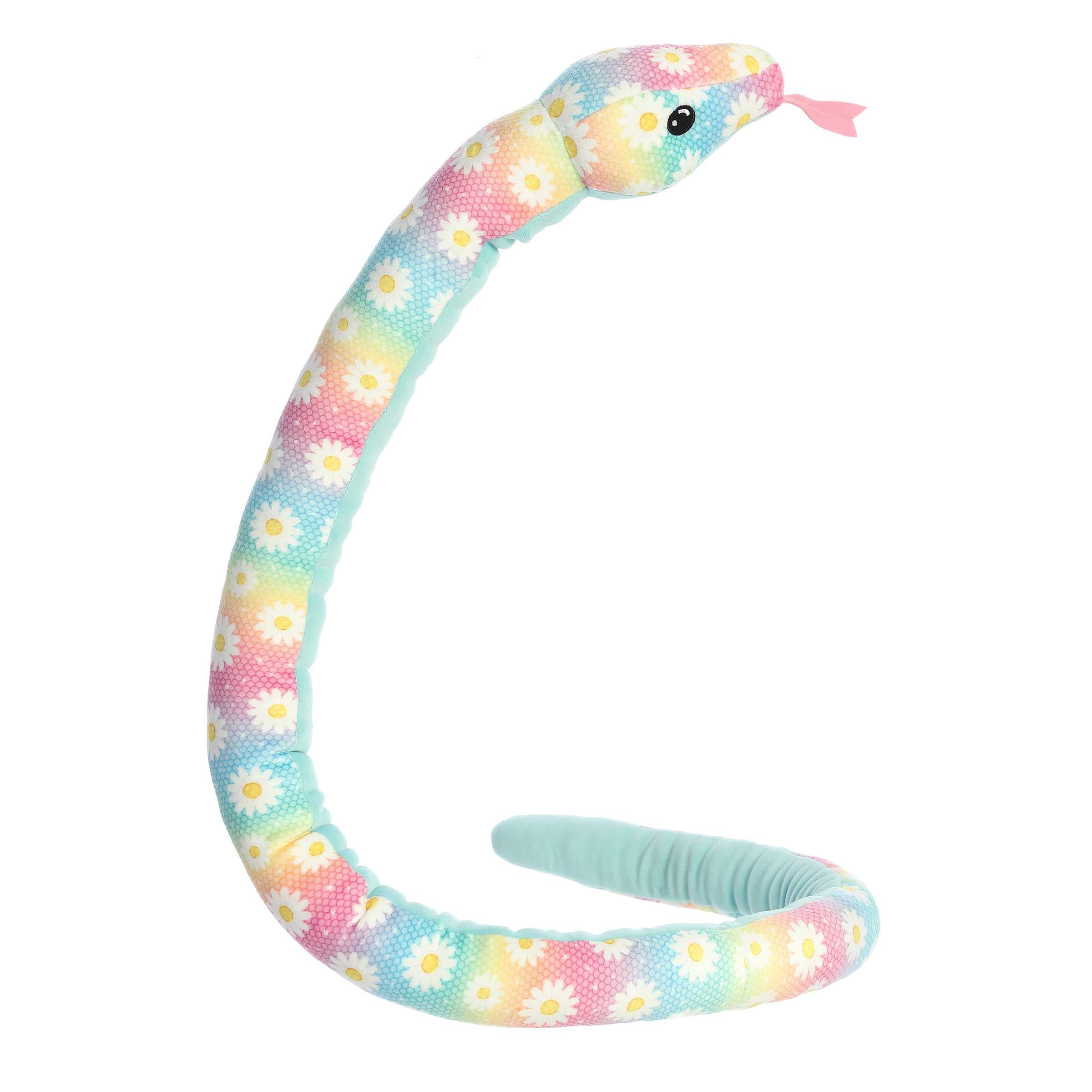 Colorful rainbow-scaled snake plush, extra squishy with adorable daisy patterns, ready for cuddly adventures.