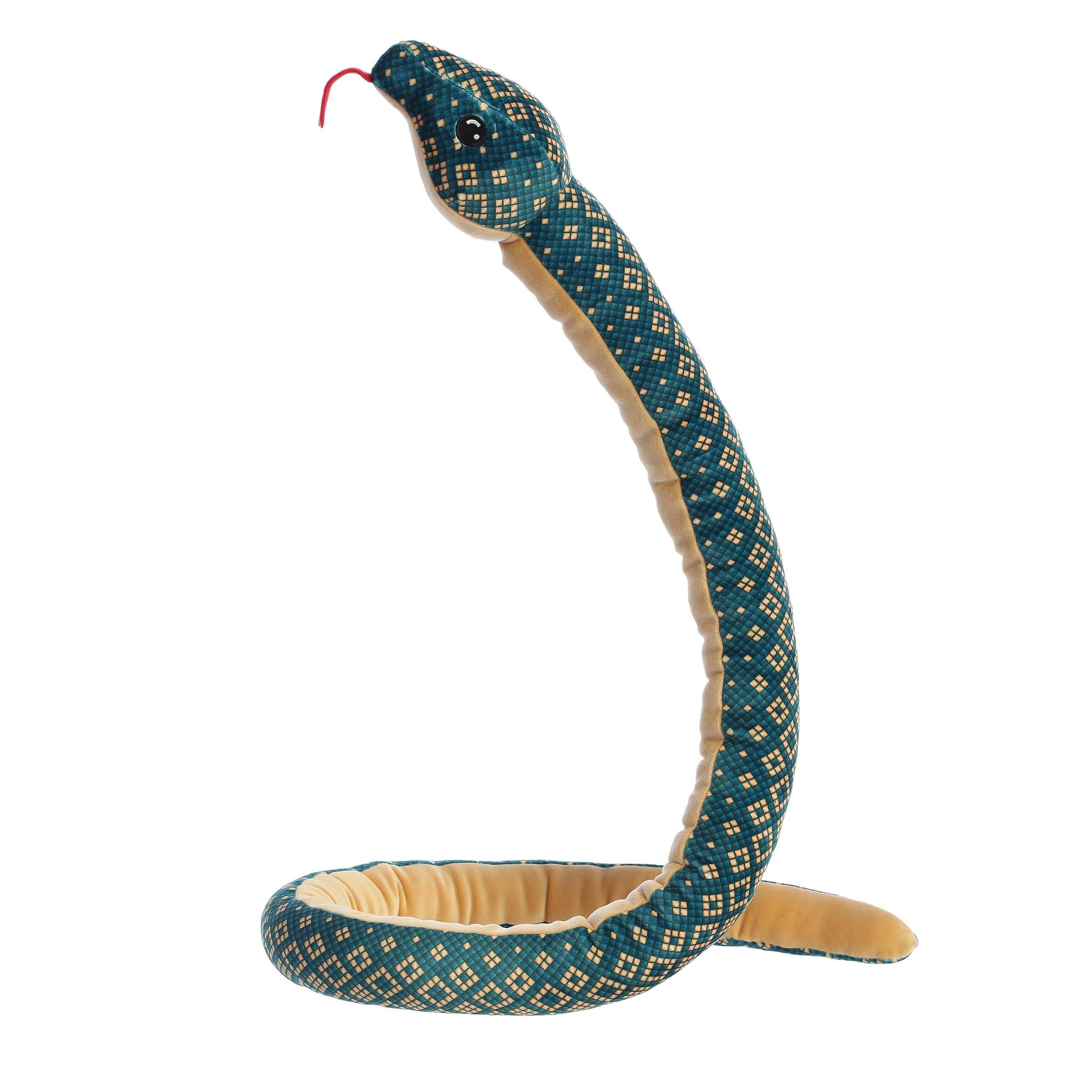 Black and copper diamond-patterned snake plush, super squishy and inviting for imaginative play and collection.