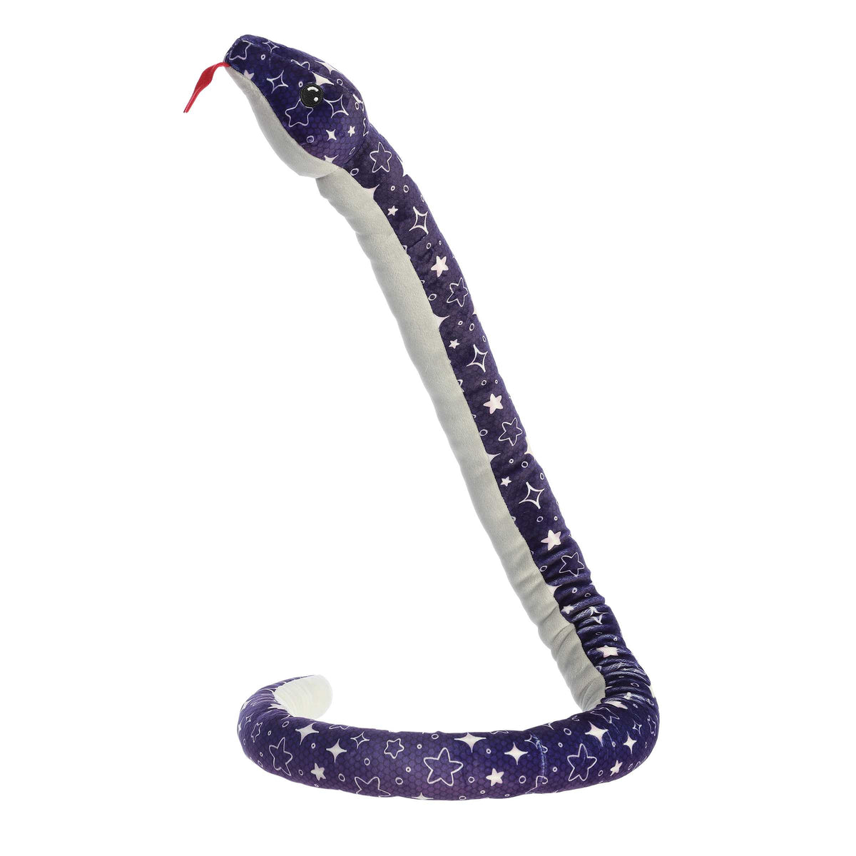 Midnight blue snake plush with starry night pattern, squishy and ideal for cosmic adventure play or stellar collections.