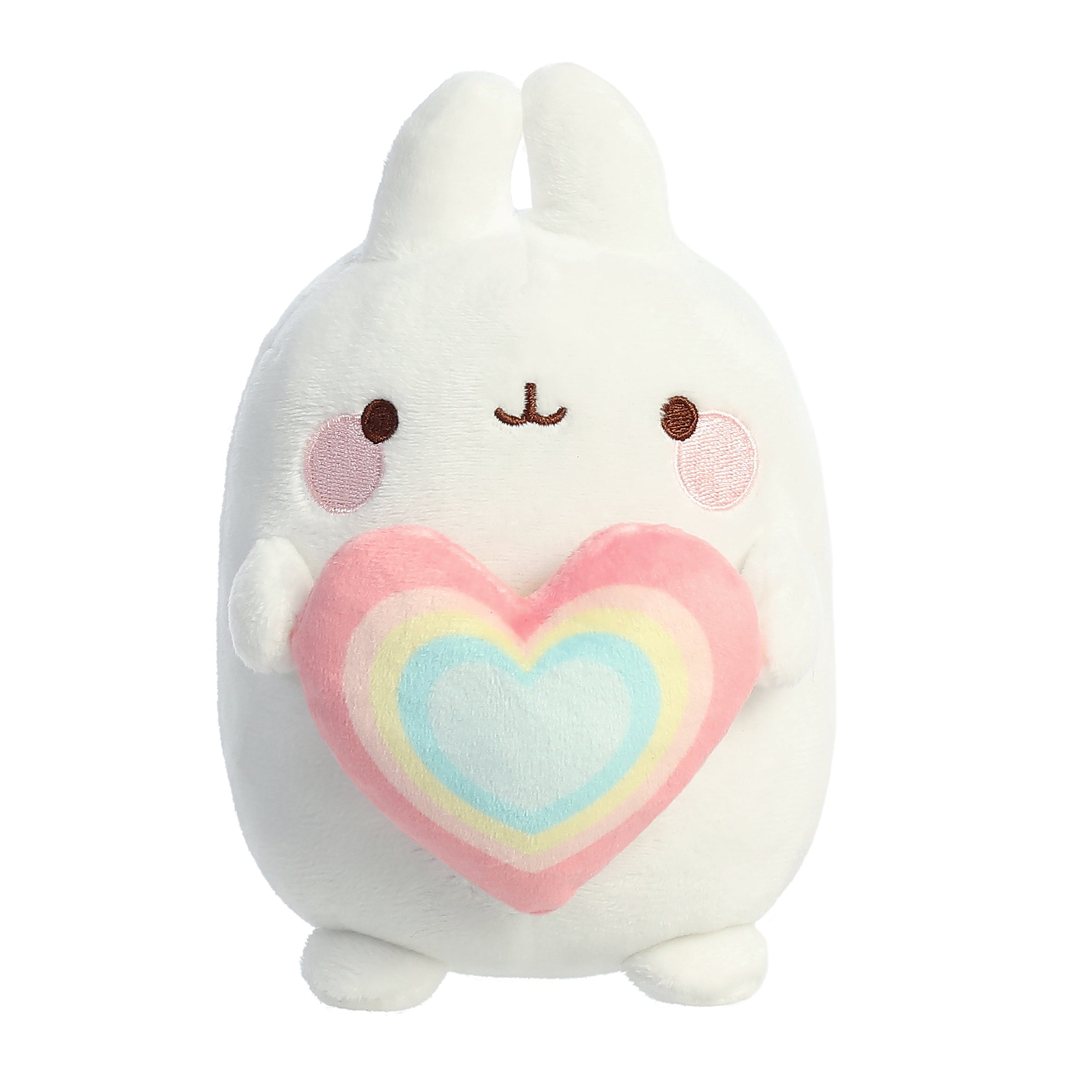 Rainbow Heart Molang plush that looks like a chubby bunny, with a soft texture, blushing cheeks, and a rainbow heart