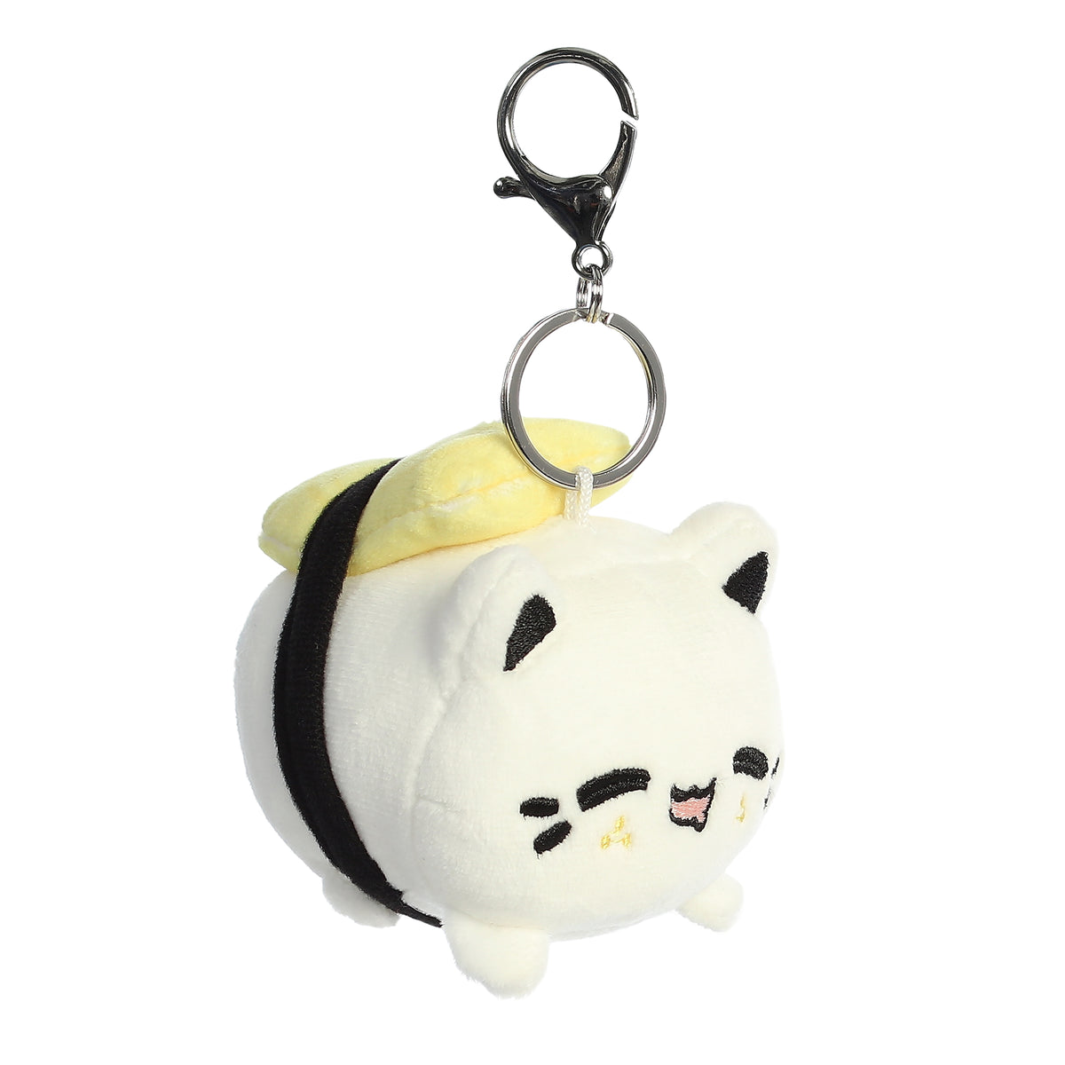 A white Meowchi cat clip-on made to resemble a sushi roll with a yellow slice of fish and a smiling animated expression.