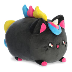 A black Tasty Peach Meowchi plush that's a round cylinder shape and is made to resemble a unicorn cat with a rainbow mane