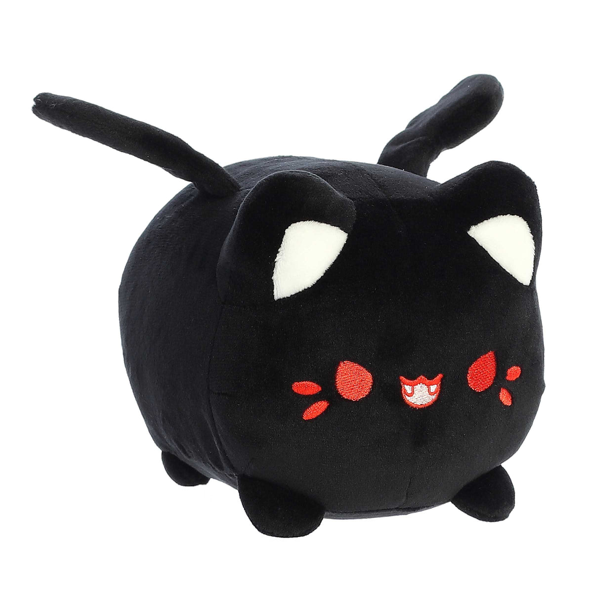 Black cat stuffed animal with vampire wings on its back and embroidered red eyes, whiskers and adorable fangs.