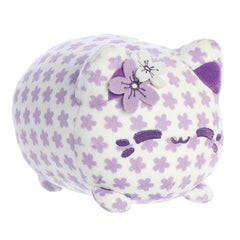 Plum Blossom Meowchi plush in lavender, with a plush blossom pattern and peaceful expression, ideal for collectors.