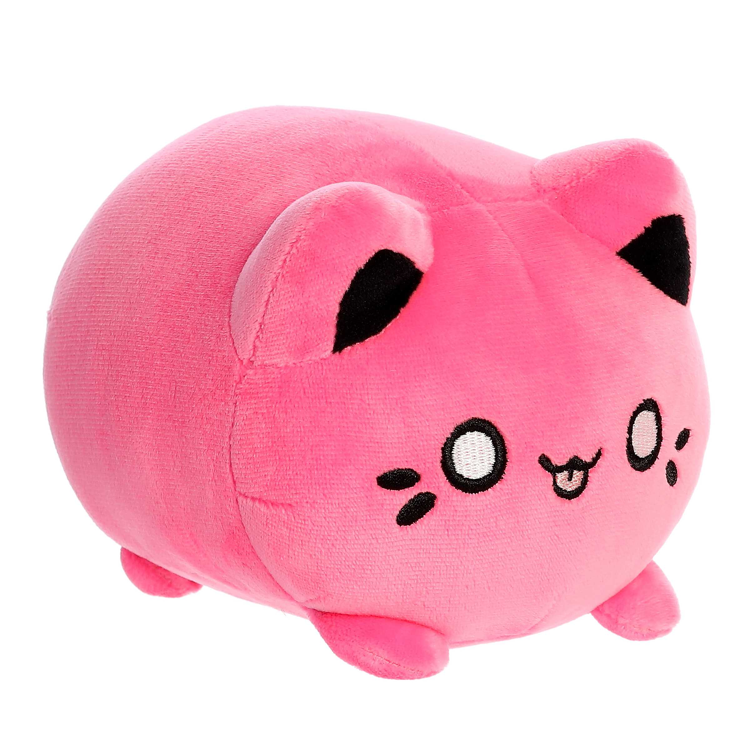 Happy-faced, tongue-out Vivid Pink Meowchi plush by Tasty Peach, radiating playfulness and ready for cuddling.