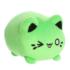 Bright green Meowchi plush from Tasty Peach with a playful wink, ready for fun and fluffy cat plush snuggles.