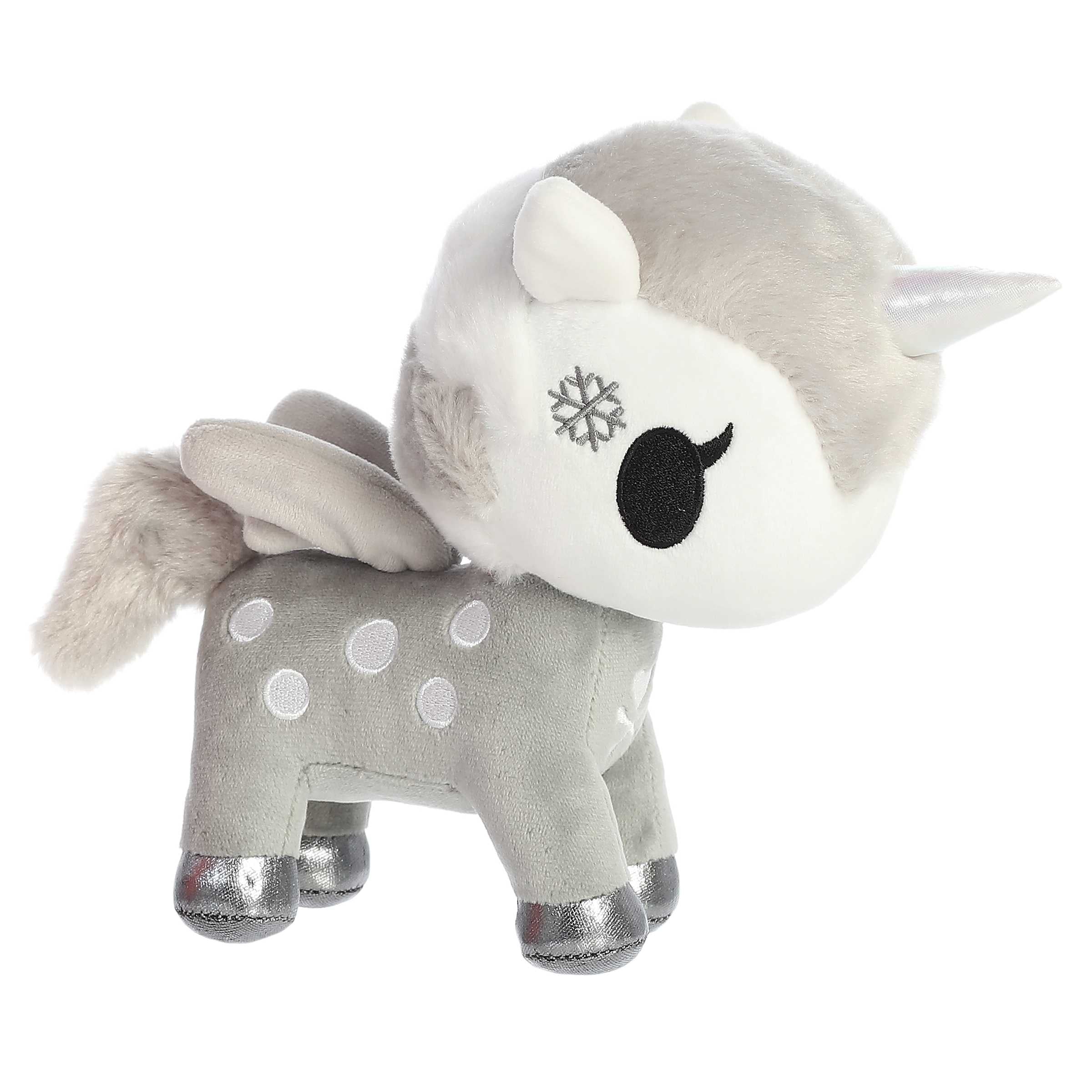 grey and white Unicorno plush, Snowballs, with glittery horn and winter embroidery, offers a magical snuggle on cold days.