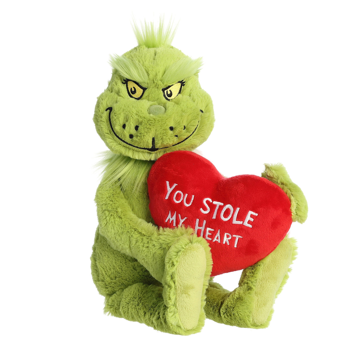 Grinch plush, with a mischievous grin and holding a red heart that says "You Stole My Heart"