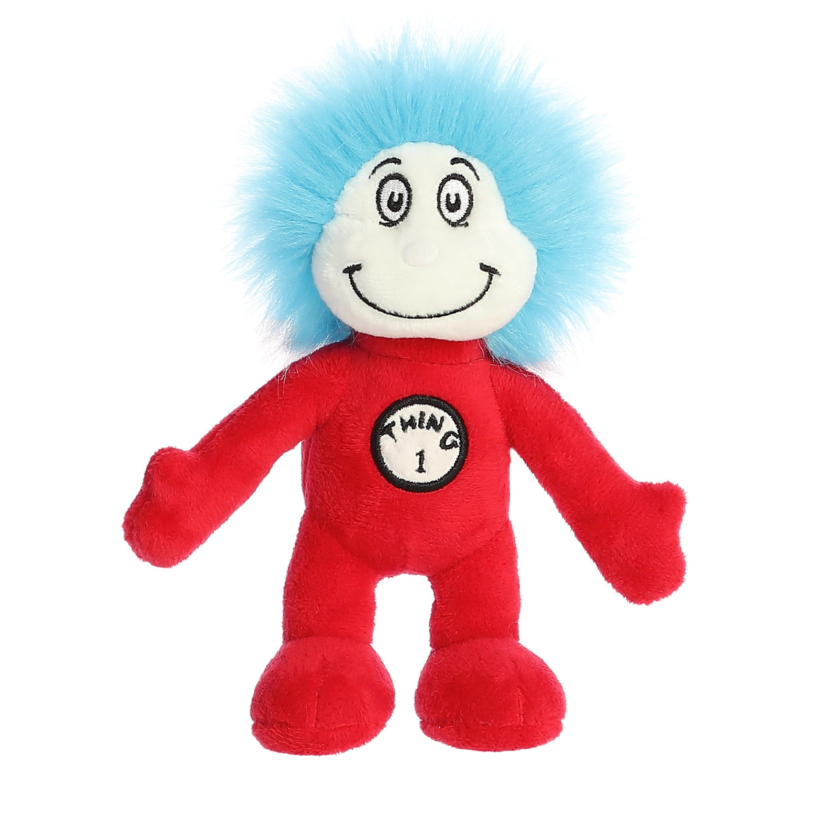 A playful Thing 1 Dr Seuss plush toy armature with the iconic red onesie, fluffy bright blue hair, and Thing 1 embroidery.