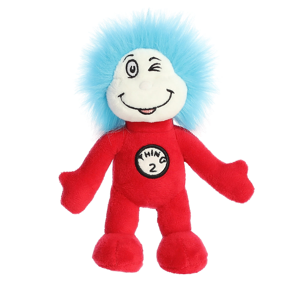 A playful Thing 2 Dr Seuss plush toy armature with the iconic red onesie, fluffy bright blue hair, and Thing 2 embroidery.
