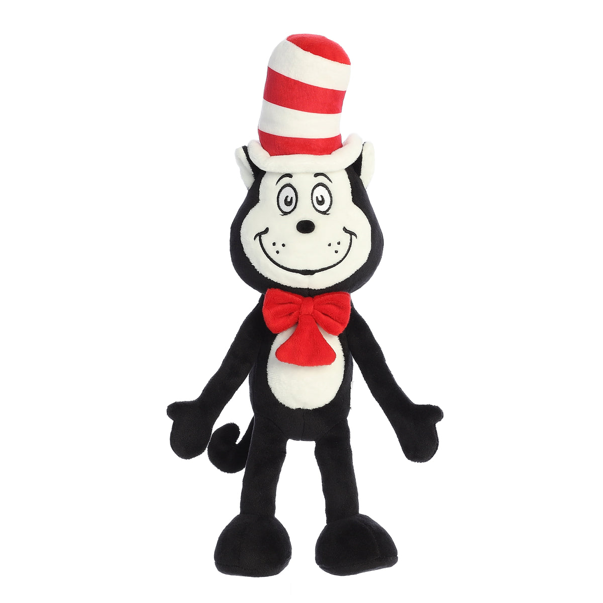 A playful Cat in the Hat armature that is the iconic black and white character with a red and white top hat and red bow tie.