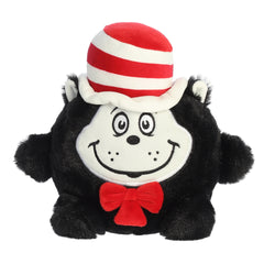 A round cat in the hat plush that resembles a ball with the iconic look of the red and black top hat and red bow tie